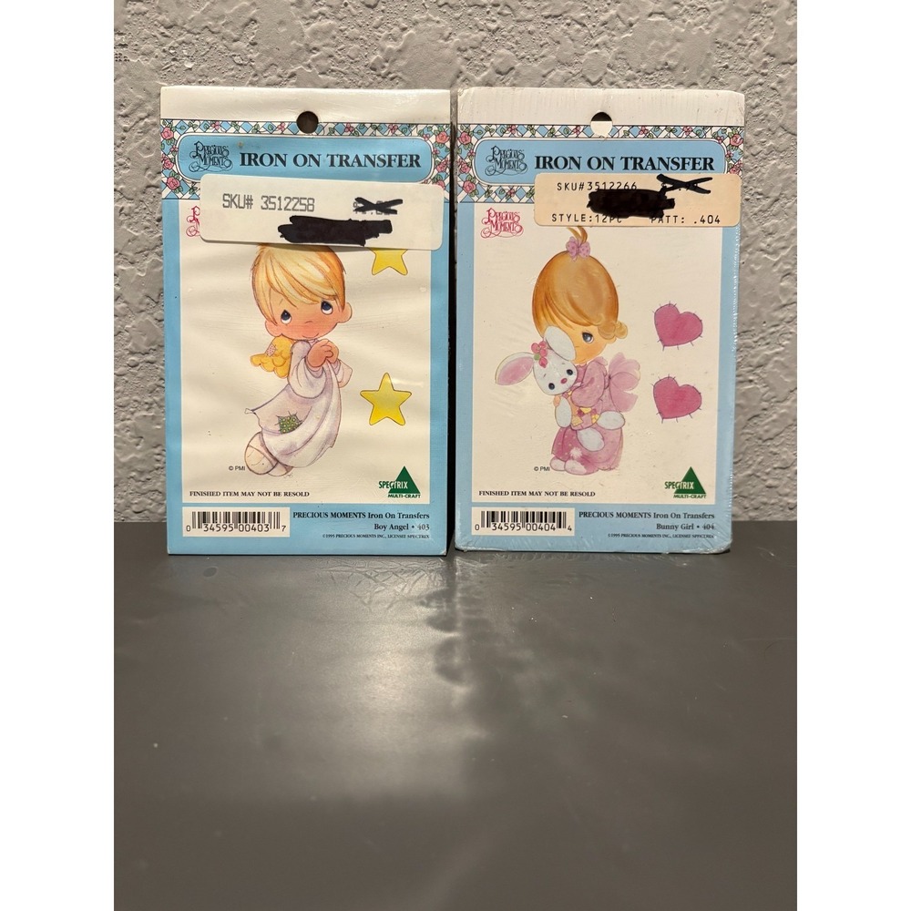 NOS Precious Moments Iron On Transfers Set - Boy Angel #403 & Bunny Girl #404